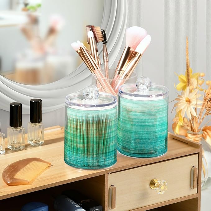 Grunge Turquoise Teal Wood Qtip Dispenser Apothecary Jars Farmhouse Green Bathroom Qtip Holder Storage Canister Plastic Jar 10 Oz for Cotton Ball Swab Round Pads Floss 4pcs