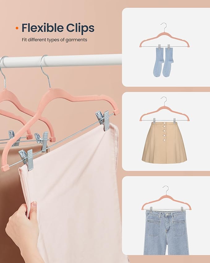 SONGMICS HOME Velvet Pants Hangers with Adjustable Clips, Non-Slip Space-Saving Clothes Hangers, 30 Pack, Shoulder Notches for Skirts, Pink