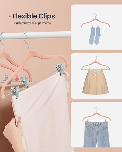 SONGMICS HOME Velvet Pants Hangers with Adjustable Clips, Non-Slip Space-Saving Clothes Hangers, 30 Pack, Shoulder Notches for Skirts, Pink