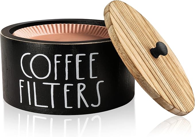 MINCORD Coffee Filter Holder, Wood Coffee Filter Storage Container Dispenser with Lid, Rustic Farmhouse Filters Organizer Basket Accessories for Coffee Bar Counter Decor