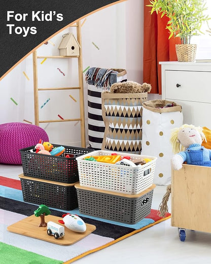 AREYZIN Storage Bins with Bamboo Lids Set of 6 Lidded Storage Container Plastic Baskets Organizer Bins for Organizing Kithen Room Bedroom Office Closet, Sturdy(Grey)