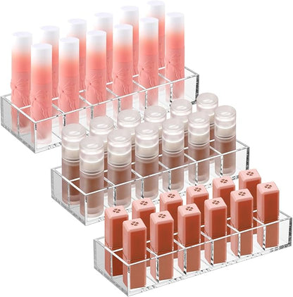 Kigley 3 Pcs Clear Lipstick Organizer Acrylic Lip Gloss Holder Cosmetic Storage Lipstick Display Case for Women Perfume Sample Drawer Brushes Bottles Birthday Gift(12 Grid)