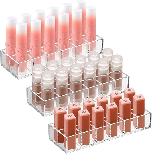 Kigley 3 Pcs Clear Lipstick Organizer Acrylic Lip Gloss Holder Cosmetic Storage Lipstick Display Case for Women Perfume Sample Drawer Brushes Bottles Birthday Gift(12 Grid)