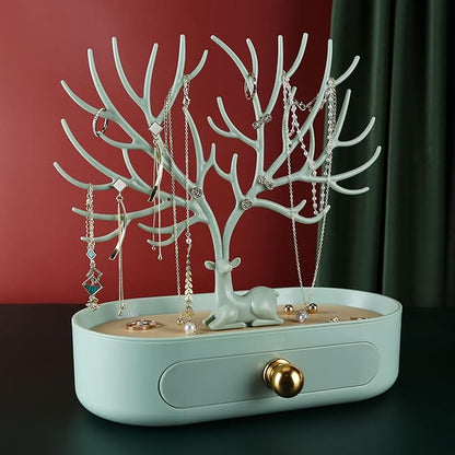 MORE&LESS Antlers Jewelry Display Stand with Aluminium alloy handle, Tree Tower Rack Hanging Organizer for Ring Earrings Necklace Bracelet, Deer Horn Tree Stand with Storage Drawer and Tray