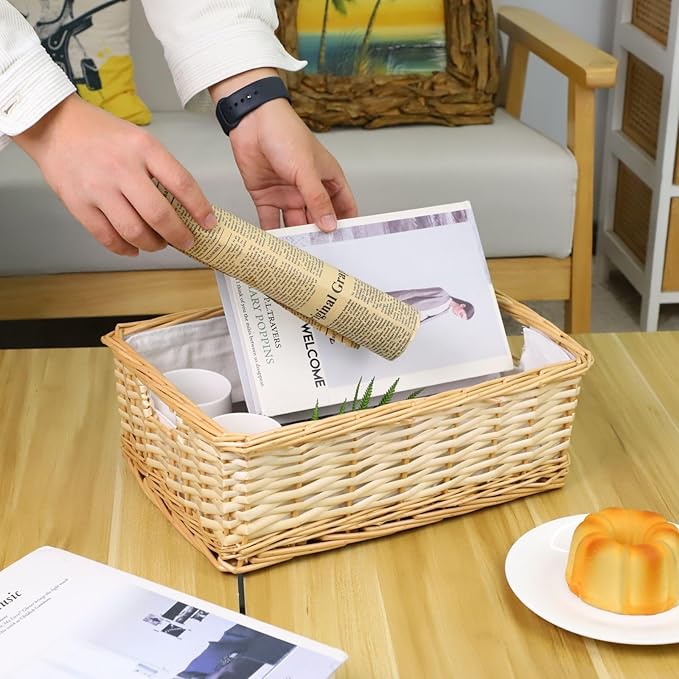 YAHUAN Rectangular Wicker Storage Basket Woven Rattan Basket with Handle, Baskets for Organizing, Bedroom,Living room,Pantry (Wicker with lining)