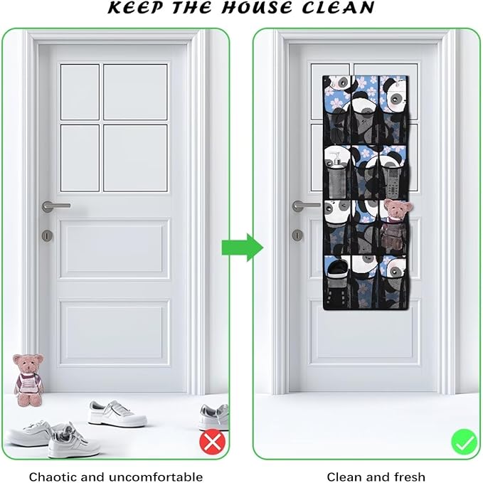 Flower Panda Over The Door Organizer with 12 Mesh Pockets, Cute Animal Print Hanging Storage Bag for Nursery & Kids Room, Durable Fabric for Toys & Diapers