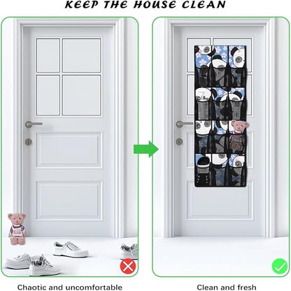 Flower Panda Over The Door Organizer with 12 Mesh Pockets, Cute Animal Print Hanging Storage Bag for Nursery & Kids Room, Durable Fabric for Toys & Diapers