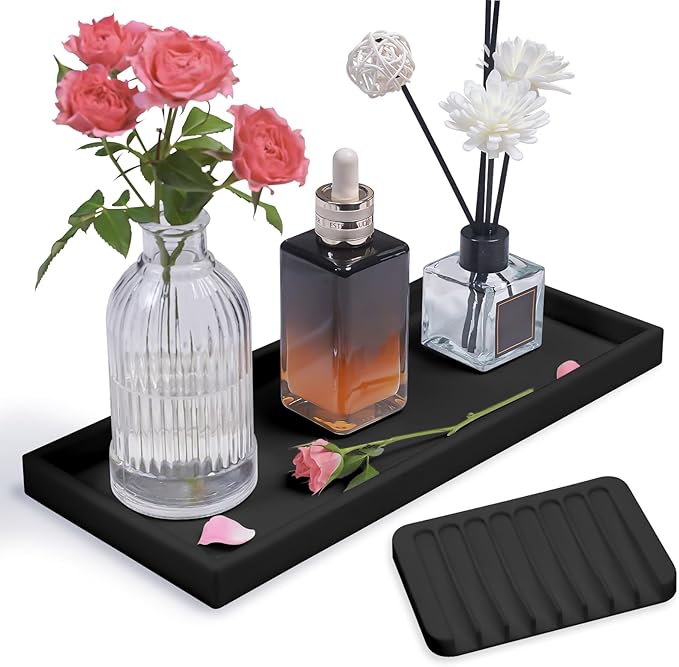 Bloss Vanity Tray with Soap Dish - 11.8x5.1inch BathroomTrays, Silicone Vanity Tray, Marble Countertop Trays, Toilet Tank Tray, Kitchen Counter Trays