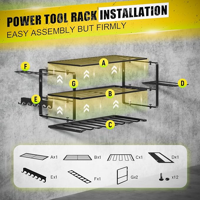 Hipidian Power Tool Organizer Wall Mount - Storage Rack with 4 Drill Holders for Drills Cordless Tools. Heavy Duty Iron Garage Tool Organizer Storage for Workshop Shed (4 Slots 3 Layers)