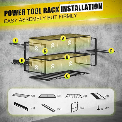 Hipidian Power Tool Organizer Wall Mount - Storage Rack with 4 Drill Holders for Drills Cordless Tools. Heavy Duty Iron Garage Tool Organizer Storage for Workshop Shed (4 Slots 3 Layers)