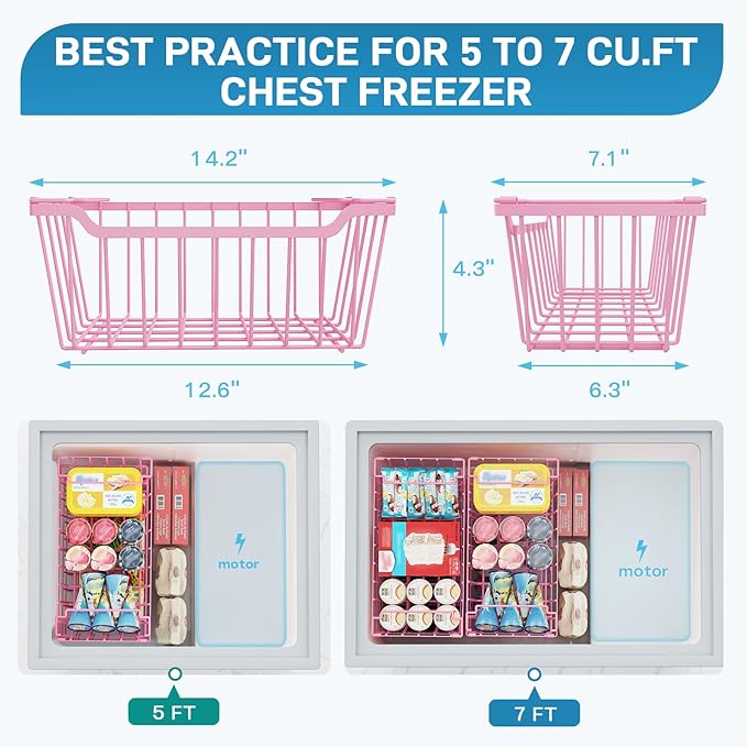 SUNALLY Freezer Organizer Bins, 4 Pack Stackable Chest Freezer Organizer for 5-7 Cu.FT Deep Freezer Sort Frozen Meats and Food, Freezer Storage Baskets with Handles Easy Reach from Bottom, Pink