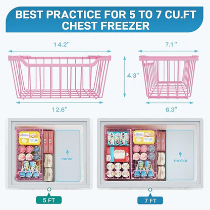 SUNALLY Freezer Organizer Bins, 8 Pack Stackable Chest Freezer Organizer for 5-7 Cu.FT Deep Freezer Sort Frozen Meats and Food, Freezer Storage Baskets with Handles Easy Reach from Bottom, Pink