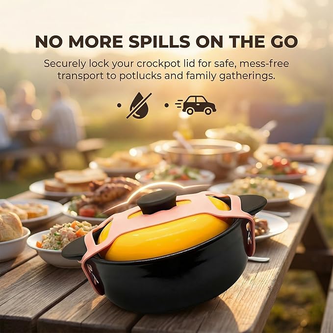 Silicone Lid Lock Strap for Crockpot Slow Cooker (6/7/8 Quart), Universal Rubber Lid Securing Strap for Soup Pots & Bento Box | Heat-Resistant, No-Spill Transport Accessories (4 Packs Pink)