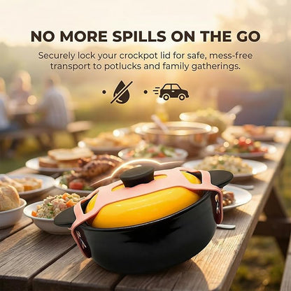 Silicone Lid Lock Strap for Crockpot Slow Cooker (6/7/8 Quart), Universal Rubber Lid Securing Strap for Soup Pots & Bento Box | Heat-Resistant, No-Spill Transport Accessories (2 Packs Pink)