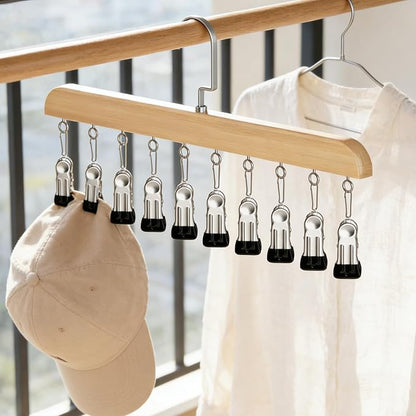 Hat Hangers for Closet,Space Saving Hanging Hats Organizer with 10 Clips,Wooden Legging Hangers 2 Pack,360° Rotating Closet Organizer for Pants, Skirts and Socks Storage (Set of 2,Natural)