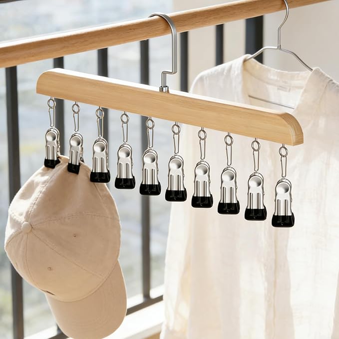 Hanging Closet Organizer, Wooden Legging Hanger with 10 Clips,Space Saving Hats Organizer for Closet,360° Rotating Wooden Multi-Hanger for Pants, Skirts and Socks Storage (Vintage)