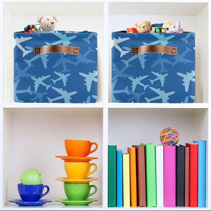 Airplanes in The Sky Large Storage Basket Cube Storage Bin Canvas Fabric Organizer Handles Collapsible Decorative for Clothes Toys Bedroom