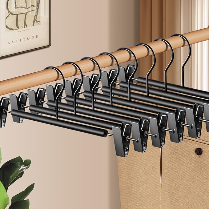 Wooden Pants Hangers with Clips 14Inch 20 Pack Adjustable Wood Skirt Hangers for Women&Men Space Saving Closet Non Slip Clothes Hanger for Jeans,Trousers,Short,Black