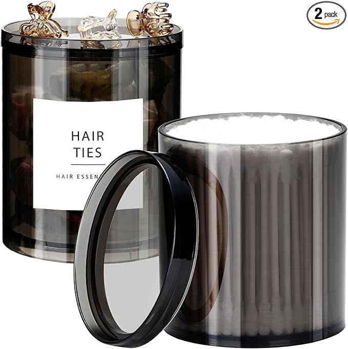 SheeChung Qtip Holder 2 Pack Apothecary Jar with12 oz- Qtip Dispenser with Lids - Bathroom Vanity Organizer Set for Cotton Swabs, Balls, Pads - Translucent Black