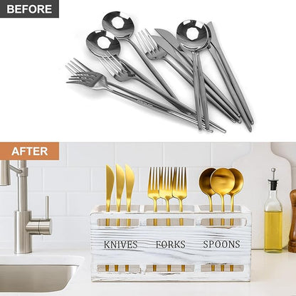 Farmhouse Wooden Utensil Caddy Party Cutlery Silverware Holder Small Wood Utensil Holder for Kitchen Counter Decor Flatware Cutlery Organizer Table Flatware Silverware Caddy Spoon and Fork Organizer