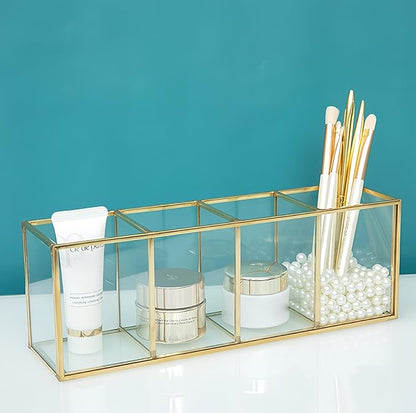 JIARI Gold 4-Compartment Desktop Organizer, Transparent Glass Makeup Brush Holder, 10.23x3.54x2.75 Inches Storage for Home Office and School Items (Gold-4 Slot)