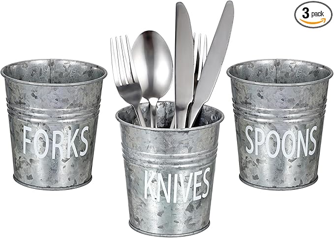 JUXYES Set of 3 Farmhouse Metal Tin Bucket Utensil Holder - Antique Silverware Caddy for Kitchen Countertop - Rustic Flatware Cutlery Caddy Silverware Holder Spoon, Fork & Knife Organizer for Parties