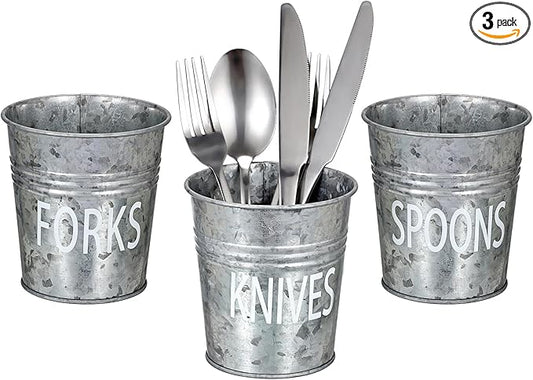 JUXYES Set of 3 Farmhouse Metal Tin Bucket Utensil Holder - Antique Silverware Caddy for Kitchen Countertop - Rustic Flatware Cutlery Caddy Silverware Holder Spoon, Fork & Knife Organizer for Parties