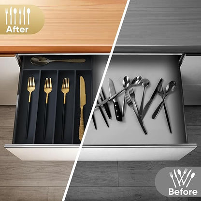 Silverware Organizer, 10 Inch Utensil Organizer Kitchen Drawer Organizer Bamboo Silverware Holder Cutlery Tray Organizer in Drawer Flatware Organizer Tray(5 slots, Black