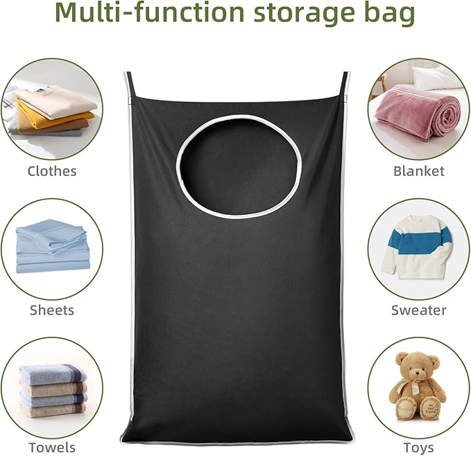 KEEPJOY XL Black Door Hanging Laundry Hamper, 36.5" x 22.5" Large Capacity Hanging Hamper Bag with Large opening and Strong Hooks for All Family Laundry, Blankets, and Toys (Black,1-Pack)