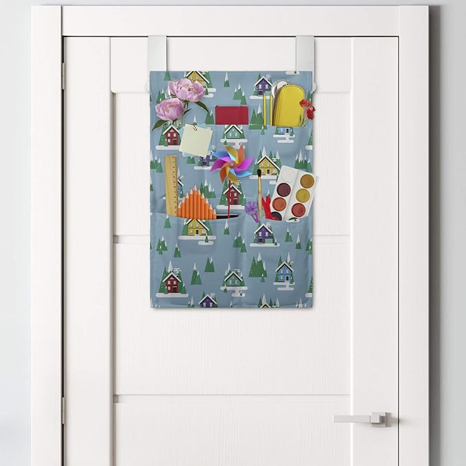 Ambesonne House Hanging Pocket Organizer, Rectangular Trilateral Homes Windows Door Knobs Snow on Pointy Trees Christmas Time, Printed Polyester Storage Bag with Pockets, 14" x 20", Multicolor