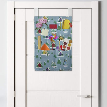 Ambesonne House Hanging Pocket Organizer, Rectangular Trilateral Homes Windows Door Knobs Snow on Pointy Trees Christmas Time, Printed Polyester Storage Bag with Pockets, 14" x 20", Multicolor