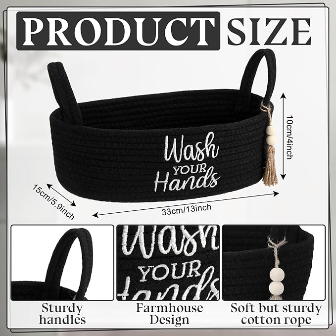 Wash Your Hands Bathroom Decoration Black Cotton Rope Toilet Basket Toilet Paper Holder Basket Rustic Bathroom Organizer Farmhouse Home Decoration Organizing Small Baskets