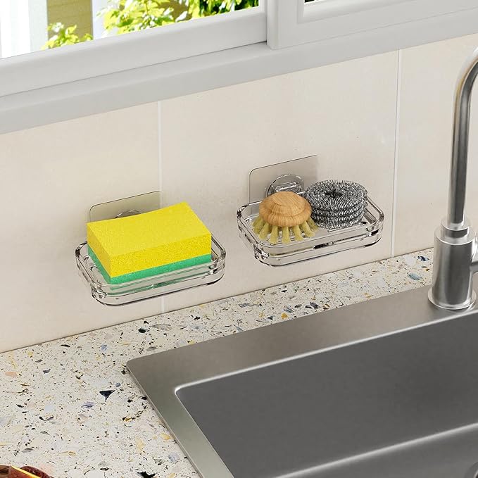 Soap Dish for Shower Wall Mounted, Soap Bar Holder Self Draining, Strong Adhesive Mount Soap Saver Sponge Holder for Bathroom Bathtub Kitchen Sink, Clear