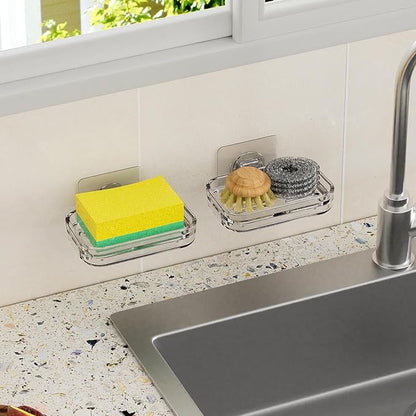 Soap Dish for Shower Wall Mounted, Soap Bar Holder Self Draining, Strong Adhesive Mount Soap Saver Sponge Holder for Bathroom Bathtub Kitchen Sink, Clear