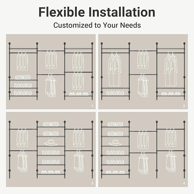 Timate F3 Plus Wall Mounted Clothes Rack Industrial Pipe Clothing Rack for Hanging Clothes, Heavy Duty Clothes Rack with Shelves, Expandable Garment Rack Wall Closet System, Black Pipe Closet Kit