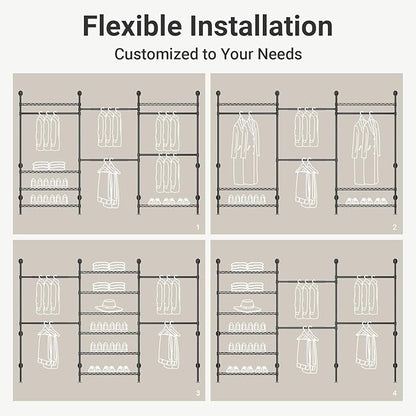 Timate F3 Plus Wall Mounted Clothes Rack Industrial Pipe Clothing Rack for Hanging Clothes, Heavy Duty Clothes Rack with Shelves, Expandable Garment Rack Wall Closet System, Black Pipe Closet Kit