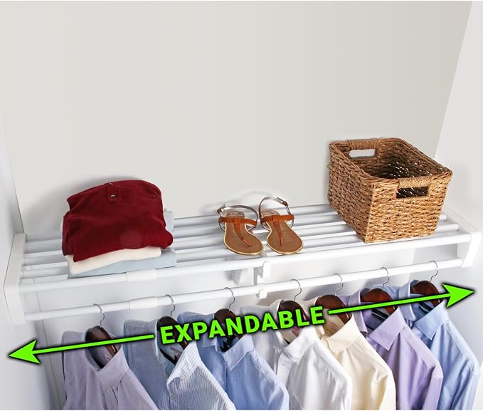 EZ SHELF- Closet Shelf with Hanging Rod, Expands 40.5-73", White, Closet Shelves Hold 200 lbs, Easy Install Closet Organizer to 2 Side Walls, Alternate for Closet Wire Shelving & Laundry Room Shelves