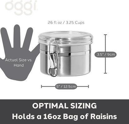 Oggi Stainless Steel Kitchen Canister 26 fl oz - Airtight Clamp Lid, Clear See-Thru Top - Ideal for Kitchen Storage, Food Storage, Pantry Storage. Size 5" x 3.5".