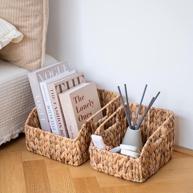 FairyHaus Wicker Baskets 2 Pack, Natural Large Wicker Baskets for Storage, Nesting Hand-woven Water Hyacinth Wicker Baskets for Organizing with Built-in Handles, 9"L x 11"W x 7"H