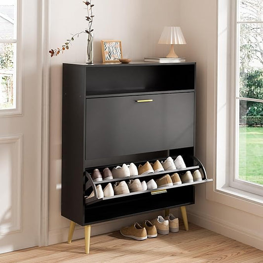 LYNSOM Shoe Cabinet, Free Standing Tipping Bucket Shoe Rack Organizer with 2 Flip Drawers, Modern Entryway Shoe Storage with Top Display, Narrow Slim Hidden Shoe Cabinet (Black)