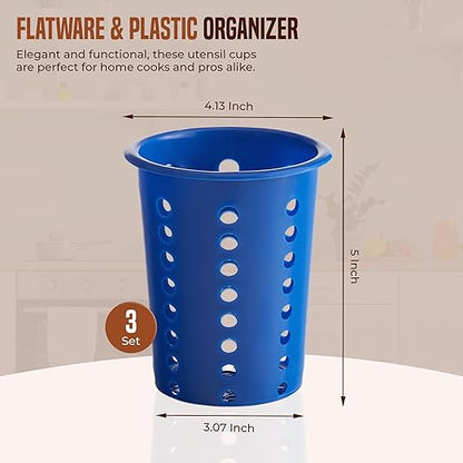 OCS Parts Perforated Utensil Drying Cups | Blue | Set of 3 | Plastic Flatware Holder Cylinders for Kitchen Counter Organization
