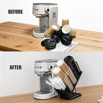 Adjustable Coffee Cup and Lid Holder, Disposable Cup Dispenser Organizer Stand for Countertop Coffee Bar Station, Bakery & Breakroom, Fits 3.14 Inch Cup Mouth (8oz/10oz/14oz/16oz Cups)