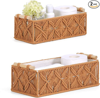 Nonam Macrame Storage Baskets, Boho Decor Style Woven Storage Boxes for Home Organization, Toilet Tank Shelf Cabinet Organizer Baskets,Set of 2,Brown