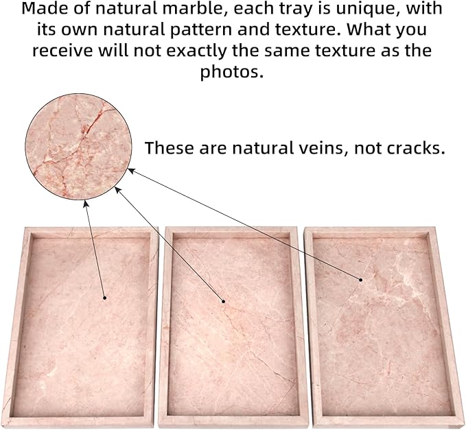 Marble Bathroom Vanity Tray, Natural Luxury Vanity Home Kitchen Bathroom Table Tray, Stone Decorative Countertop Dresser Trays for Key Coffee Perfume Jewelry Makeup (Pink/Cream Rose, 12"x 8" x1.2")