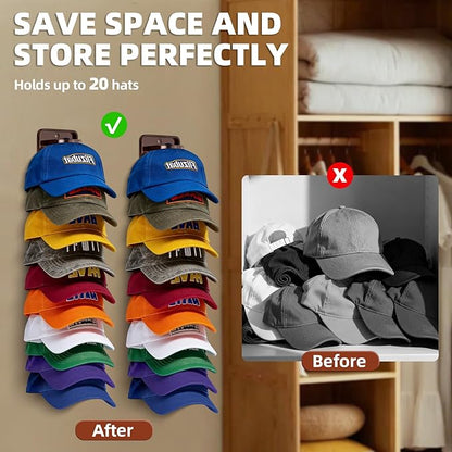 Spring Clip Hat Organizer for Baseball Caps – 2 Pack, Wall Hat Rack for Door & Closet – Keeps 20 Hats Tidy in Garage, Dorm, Man Cave – Multi-Layer Cap Storage (Brown)
