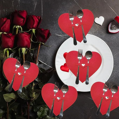 mdgfge 10Pcs Valentine's Day Tableware Utensil Holder Red Heart Shape Silverware Holders Pocket Set, Red Love Theme Felt Flatware Bags Covers for Engagement Xmas Dinner Table Party Decor Supplies