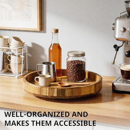 12'' Acacia Wood Lazy Susan Organizer Turntable for Cabinet, Round Wooden Spice Organization and Storage, Rotating Condiment Organizer for Pantry, Kitchen, Cupboard, Table Top, Countertop