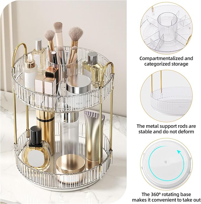 360° Rotating Makeup Organizer, Large-Capacity Skincare Make Up Storage 2 Tier Perfume Organizers Cosmetic Dresser Organizer with Makeup Brush Holder, Fits Bedroom, Bathroom, Vanity Shelf Countertop