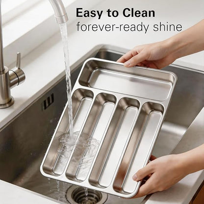 Zarler Stainless Steel Silverware Organizer, Durable Metal Utensil Drawer Organizer with 5 Compartments, Silverware Tray for Drawer, Dishwasher Safe, 13.8" x 11.4" x 1.6", Silver