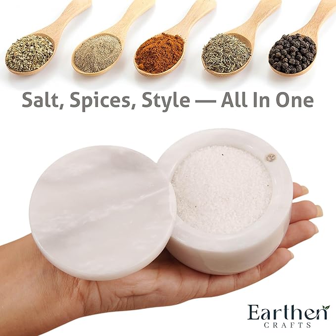 Marble Salt Cellar with Lid 3" Inch Salt Holder White Mini Salt Container with Magnetic Lock for Kitchen Counter, Salt & Spice Storage, Seasoning Jars for Table, 2.5 OZ Capacity